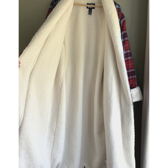 LANDS END Size Large 14-16 Red Plaid Cotton Flannel Sherpa Lined Bath Robe Cozy - Picture 7 of 15